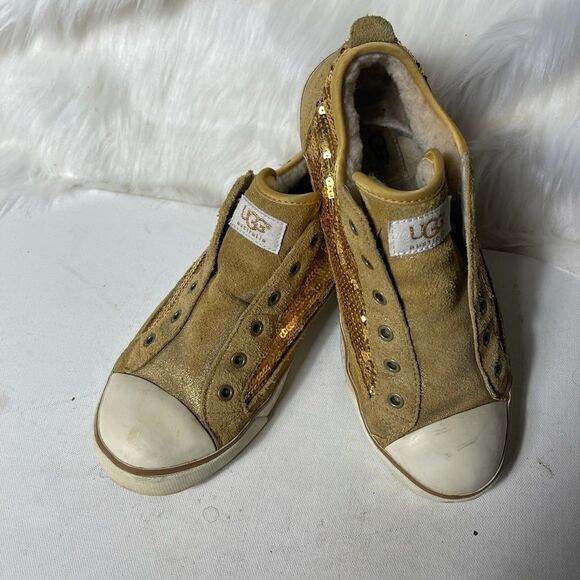 UGG gold sequins & tan leather suede sneakers with sheep skin fur lining… - Picture 3 of 9